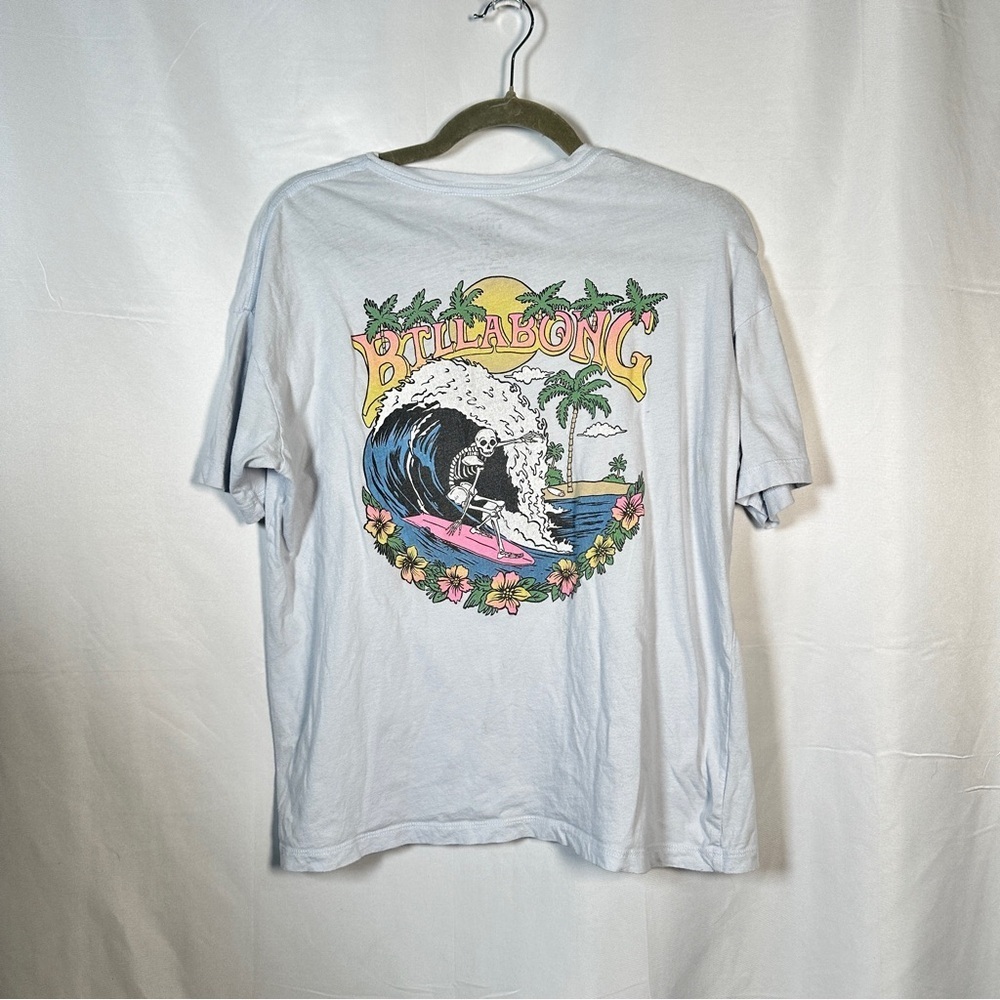 Billabong Skeleton Surfer Graphic Tee Light Blue Cotton Boyfriend Fit Small - Picture 2 of 10